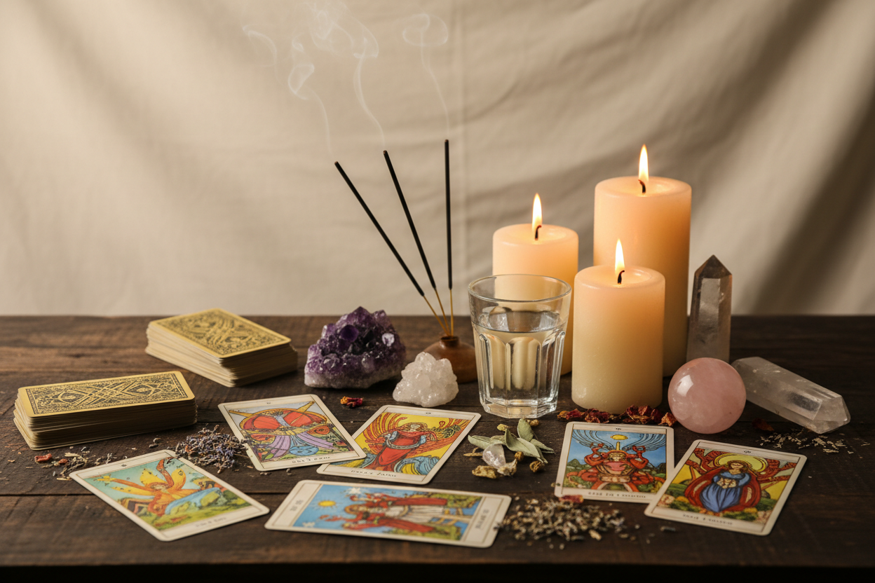 A plain background, tarot cards, incense, candles lit and a glass of water on a table with crystals and herbs